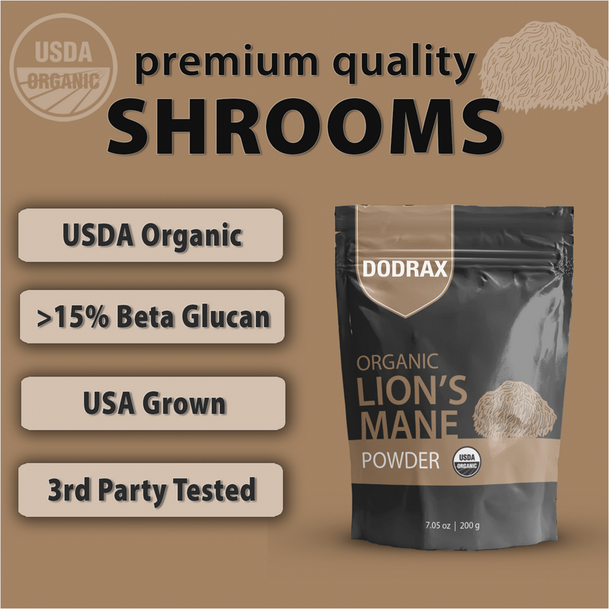 Dodrax® Organic Lion's Mane Mushroom Powder
