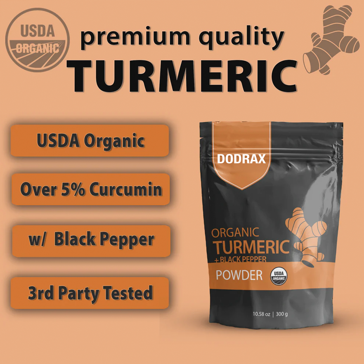 Dodrax® Organic Turmeric + Black Pepper Powder